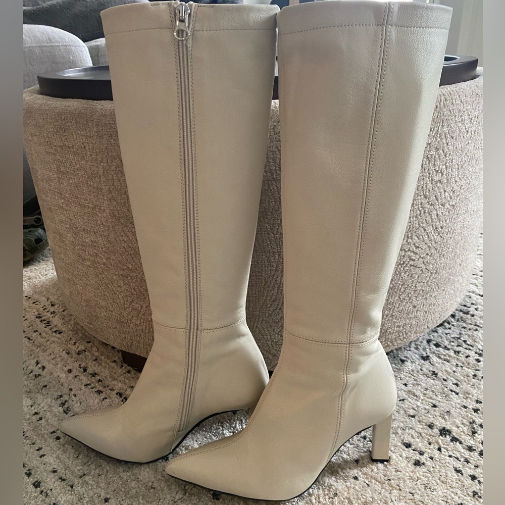 Women's Knee-High Pointed Toe Leather Boots - Cream - Picture 2 of 4